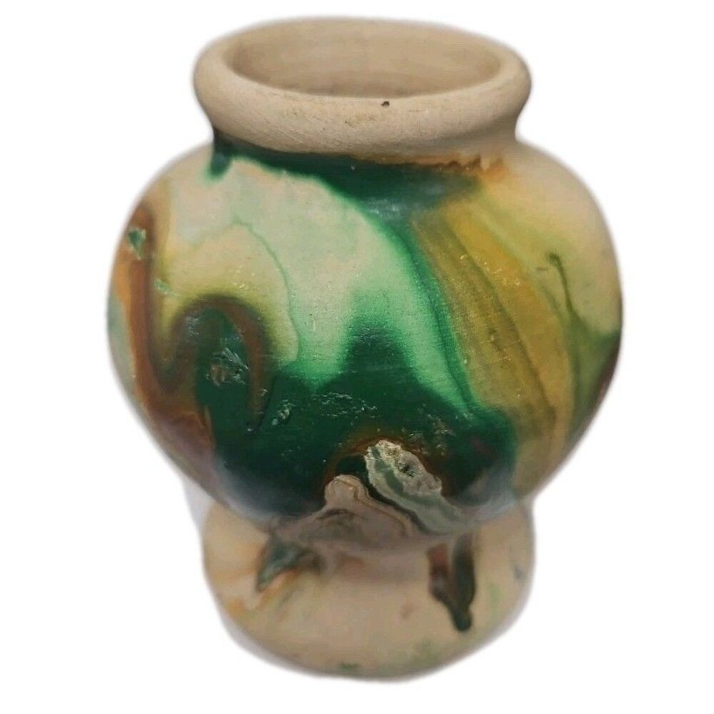 Nemadji Pottery Vase Green Orange Swirl USA Stamped 3" Vintage